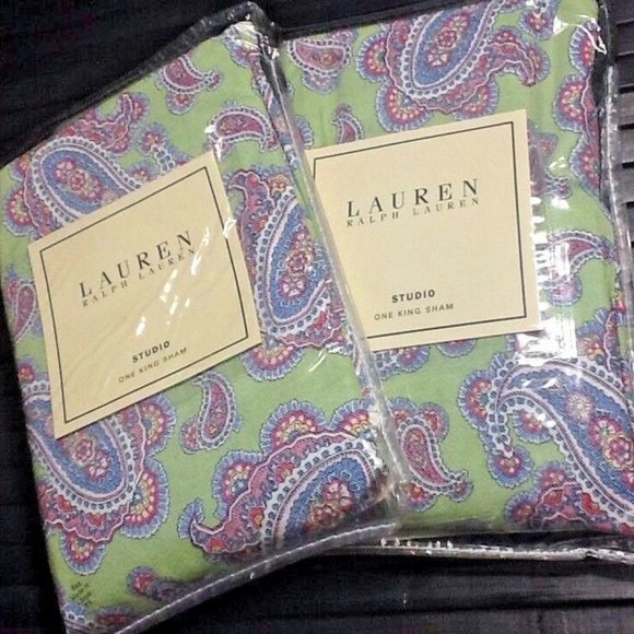 2 Ralph Lauren Greenvale Paisley 100% Cotton KING Pillow Shams in Green + Purple - Picture 5 of 10